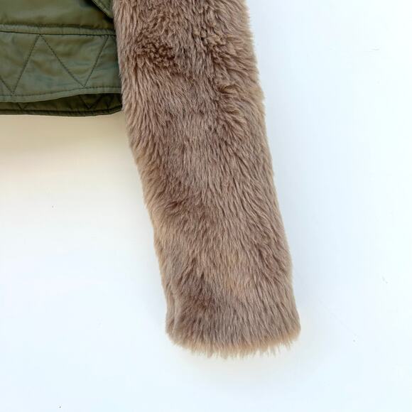 Shaci Cropped Bomber Jacket Faux Fur Sleeves Olive Green Small Streetwear - Picture 11 of 13